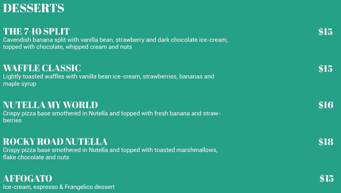 the park coomera menu Desserts