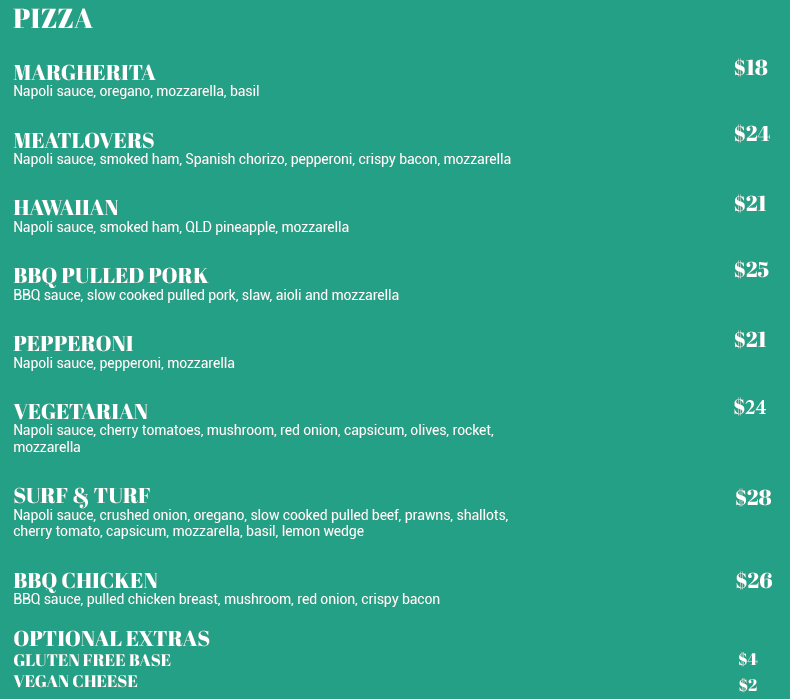 the park coomera menu Pizza